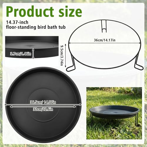 14.37'' Ground Bird Bath for Outside Large Bird Bath Bowl for Patio Garden or Deck Floor Standing Black Steel Wire Stand with Dish Outdoor Feeder Water(Black) - color: Black