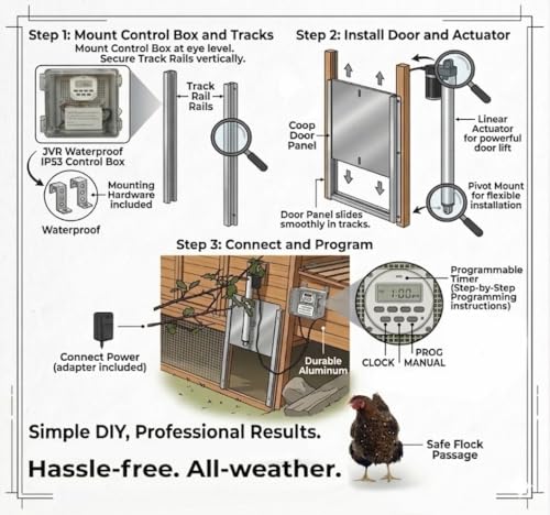 JVR Automatic Turkey Coop Door with Timer, Extra Large 22" x 23" Heavy Duty Aluminum Security Door, Smart Anti-Pinch Sensor & Industrial Strength Actuator Motor for Geese & Ducks - size: Large