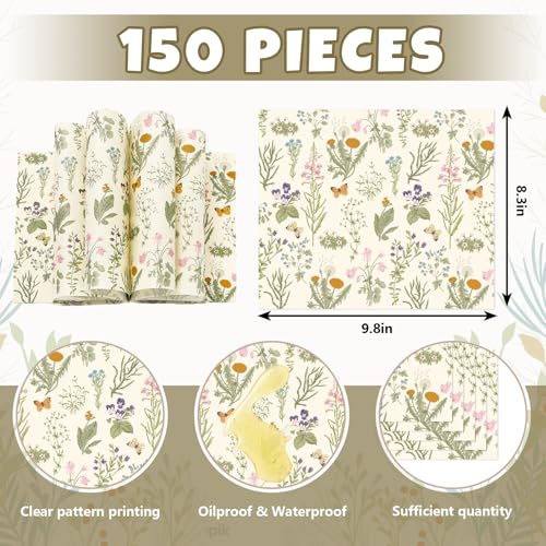 JarThenaAMCS 150Pcs Wildflower Wax Paper Floral Butterfly Deli Paper Sandwich Wrap Tissue Waterproof Oil-Proof Picnic Liner for Party Kitchen Supplies, 9.8 x 8.3 Inch - color: Wildflower