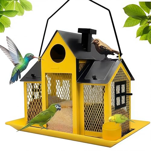 Solar Bird Feeders House for Outside Hanging, Metal Wild Bird Feeder for Outdoors Large Capacity Cardinal Birdfeeder Birdhouses Metal Bird Feeding Station Yellow - color: yellow