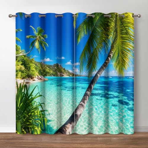 Ocean Palm Tree Blackout Curtains 2 Panel Set, 42"x54" | Tropical Beach Curtains Clear Sea Island View Seaside Scenery Decor for Bedroom Living Room Grommet Window Drapes Blue - color: Ocean, size: 42"W x 54"L (Pack of 2)