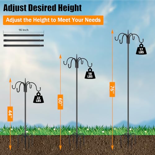 Heavy Duty Shepherds Hook 2 Pack 76" Four Hooks Adjustable (44/60/76") - Metal 5-Prong Base, 17lb Capacity - Easy Assembly Bird Feeder Pole for Hanging Planters, Lanterns, Wind Chimes - color: 2-Pack, size: 76" Quadruple Hook