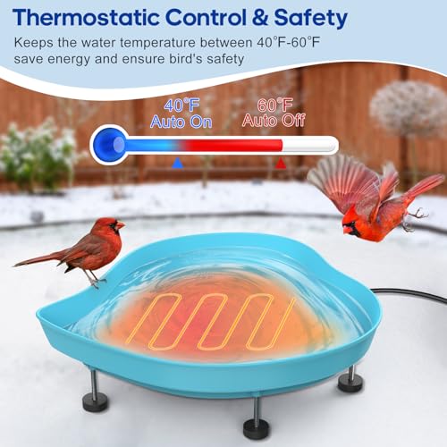 Heated Bird Baths for Outdoors for Winter - 60W Thermostatically Controlled Heated Bird Bath for Outside Winter, Large Capacity Heated Birdbath for Outdoors for Winter Garden Yard Lawn (Blue)