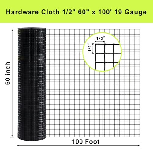 Hardware Cloth 1/2inch 60"x100' 19 Gauge PVC Coated Snake Fence | Black Welded Wire Mesh Roll, Heavy Duty Metal Mesh with Square Grid, Fencing Roll for Chicken Coop Barrier, Rabbit Cage - size: 1/2" x 1/2" 60" x 100'