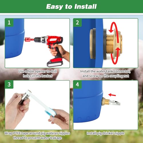 4 Pack Pig Waterer Nipples, Stainless Steel Hog Waterer Kit | 4 Pack Pig Nipple Waterer Kit, Brass Tank Connectors, Touch-Activated Flow, PTFE Tape and Hole Opener, Pigs and Goats