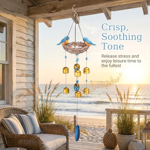 Wind Chime for Outside, Blue Bird Resin Wind Bells for Garden Decor | 27.5" Wind Chimes Outdoor with Resin Blue Bird Statues and 8 Metal Bells, Soothing Tone Wind Bell Chimes, Housewarming Gifts - size: Birds