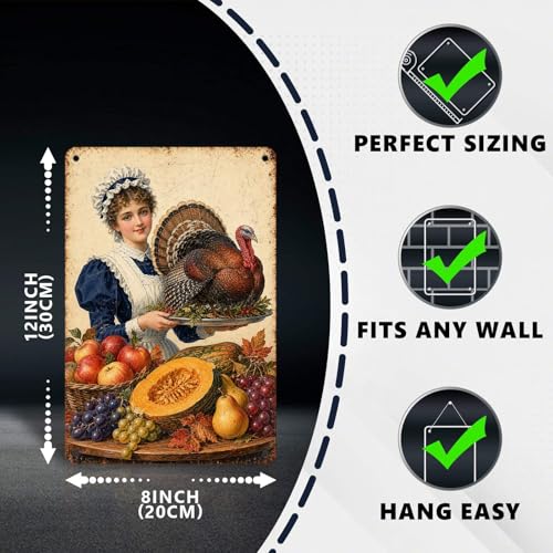 Vintage Thanksgiving Pilgrim Girl Turkey Pumpkin Tin Sign Harvest Wall Decor for Kitchen Dining Room Living Room Porch Entryway and Farmhouse Home Decor 12 * 8In - color: Vintage Thanksgiving Tin Sign 16, size: 20X30cm(12*8in)