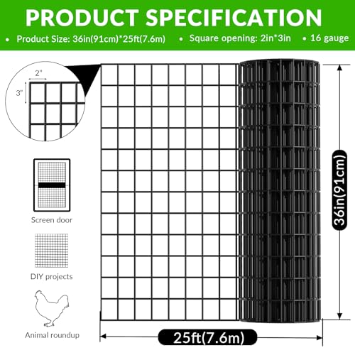 Welded Wire Fencing 36 Inch x 25 Foot,2 Inch x 3 Inch 16GA Black PVC Wire Fence,Vinyl Coating Metal Wire Mesh for Yard Vegetable Protection Goat & Poultry Netting - size: 36in*25ft 2″×3″