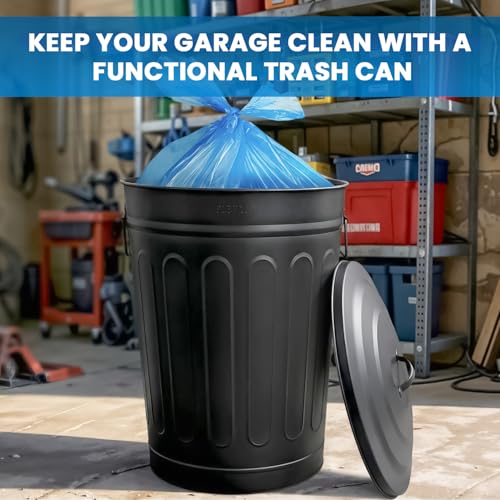 Plexon Metal Trash Can with Lid 13 Gallon, Decorative Outdoor Trash Can Heavy Duty Galvanized Metal Bucket with Lid for Garage Workshop Storage Farmhouse, Black - color: Black