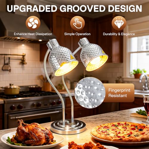2-Head Food Heat Lamp, 500W Commercial Food Warmers, Silver | Keep Food Warm, Adjustable Heads, Portable Heat Lamp for Food, Food Warmers for Parties Buffet, Restaurant, Kitchen, Catering - color: Silver