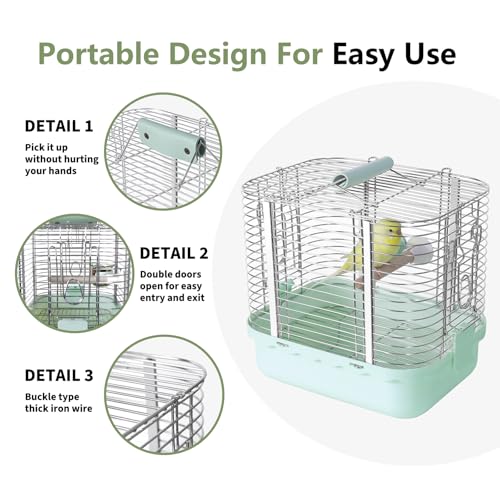 Bird Carrier Travel Cage, Durable Portable Stainless Steel Birdcage with Bird Perch & Feeding Bowl for Parrots Canaries Budgies Lovebirds Conures Cockatiels (Small Light Green) - size: Small light green