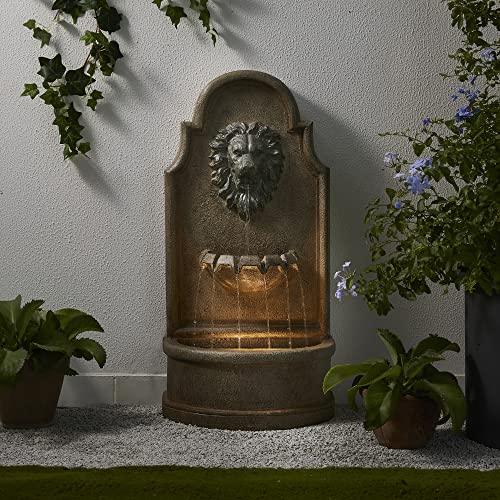 Glitzhome 3-Tier Outdoor Water Fountain with LED Light, Oversized Vintage European Style Lion Head Waterfall Fountains, Rustic Faux Granite Fountain for Garden Patio Deck Porch, 31.75”H - color: Lion Head