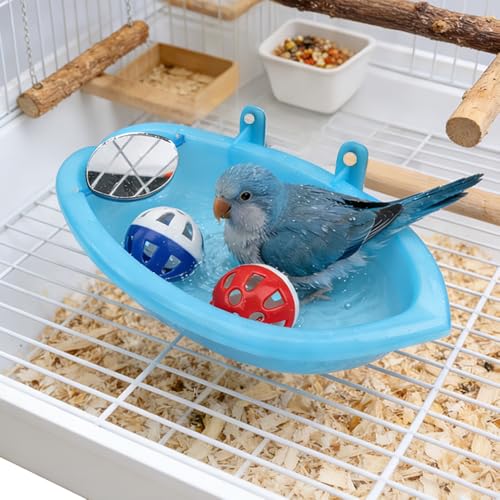 Cage Bird Bath with Mirror Bells Fun Play Bathing Toy for Parrots Budgies Small Birds