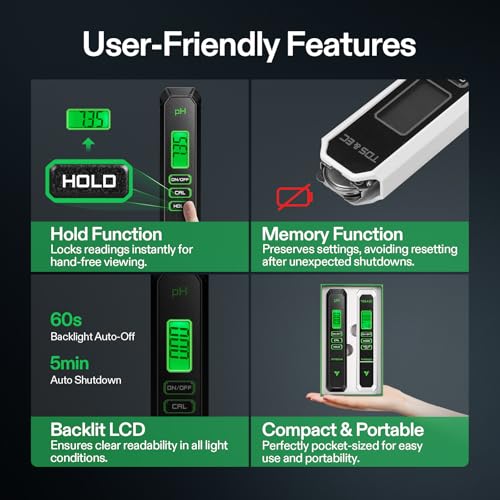 VIVOSUN Digital pH Meter TDS EC Meter for Water 0.01 Accuracy Hydroponics | ±0.01 pH Accuracy, ATC, Auto Calibration, LCD Display, Hold Function, for Hydroponics Aquarium Pool Drinking, UL Certified - color: Black+White