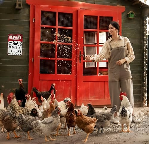 Funny Gifts for Women Chicken Lovers Farm Enthusiasts Beware of The Tiny Raptor Chicken Tin Sign for Chicken Coop Farm Kitchen Garden Yard Decor 8 X 12 Inch (3921) - color: Red