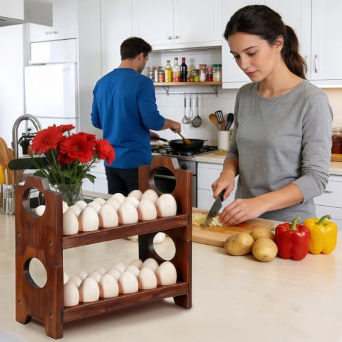 Wooden Egg Holder for Countertop,Holds 36 Eggs,2-Tier Farmhouse Egg Organizer for Fresh Eggs,Stackable Egg Storage Rack for Kitchen