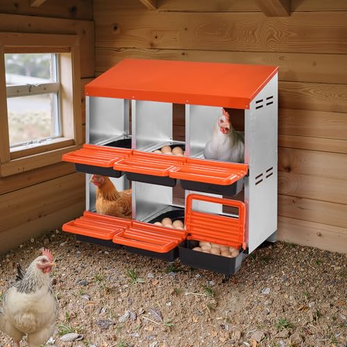 VEVOR 2 Tiers Chicken Nesting Boxes, 6 Compartments, Metal Egg Laying Boxes with Protective Collection Lids, Roll Out Nesting Box, Easy to Assemble, Ideal for Hens, Ducks, Chickens, and Other Poultry - size: 31.3"L x 20.6"W x 31.1"H