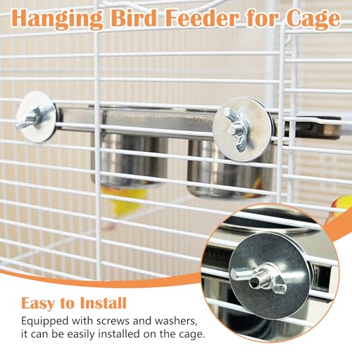 Stainless Steel Bird Feeder Hanging Parrot Feeder Bowl with Perch Stand Removable Food and Water Cups Bird Cage Accessories for Parakeet Cockatiel Budgie Conure