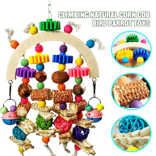 Wooden Parrot Chew Toy, Hanging Foraging Toy for African Grey & Macaw Birds | Colorful gear beads and natural bird toys with small bells relieve boredom, making them ideal cage decorations for parrots