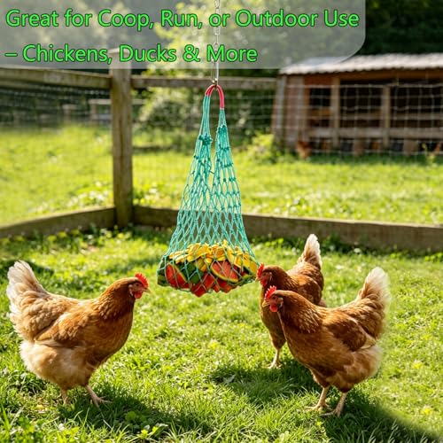 4Pcs Chicken Vegetable Hanging Feeder Bag with Hook and Chain | 2 Large and 2 Small Mesh, S hook and stainless chain, Reusable String Net. Coop Treat Toy for Poultry, Hens, Ducks, Goose