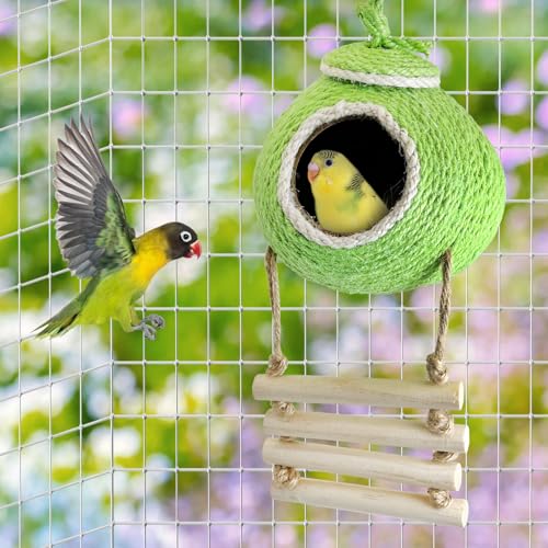Tfwadmx Coconut Hide with Ladder, Natural Coconut Fiber Hanging Birdhouse Cage, Handmade Sisal Rope & Coconut Bird Shell Breeding Nest for Parrot Parakeet Lovebird Finch Canary (2 Pcs Green)
