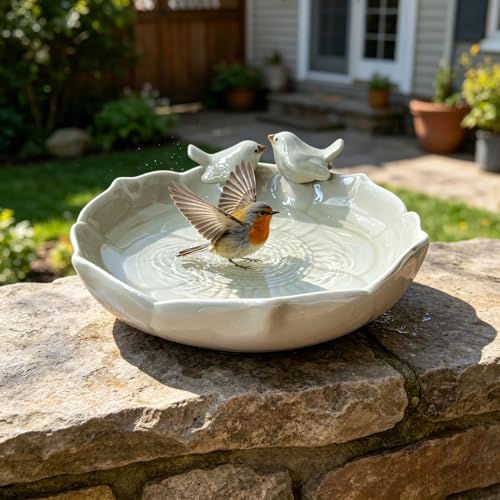 Ceramic Heavy Duty Ground Wild Bird Bath Bowl or Feeder for Outdoor Garden, Bowl Only (Beige (Glossy)) - color: Beige (glossy)
