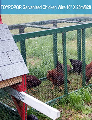 16in x 82ft Chicken Wire, TOYPOPOR 40cm x 25m Poultry Wire Netting Hexagonal Galvanized Mesh Garden Fence Barrier for Pet Rabbit Chicken Fencing (16In x 82FT) - size: 16 in x 82 ft (100 Ties)