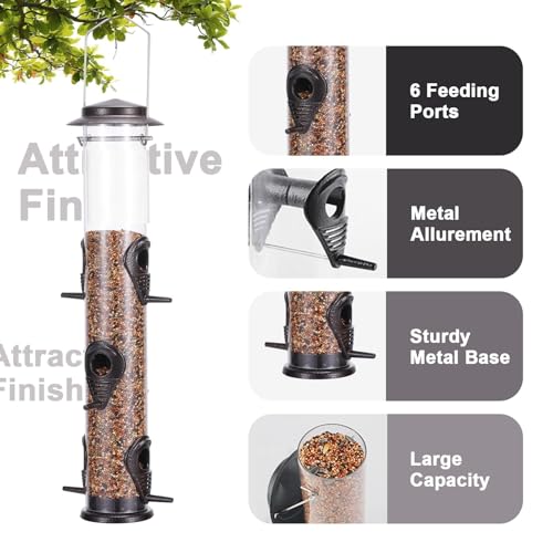 1PK Metal Bird Feeders with 6 Feeding Ports,Tube Bird Feeder with Steel Hanger,Hard Plastic Wild Bird Feeder for Outdoors Hanging, Attracting Birds in Your Lawn, Garden, Balcony–Coffee - color: Coffee 1 PACK