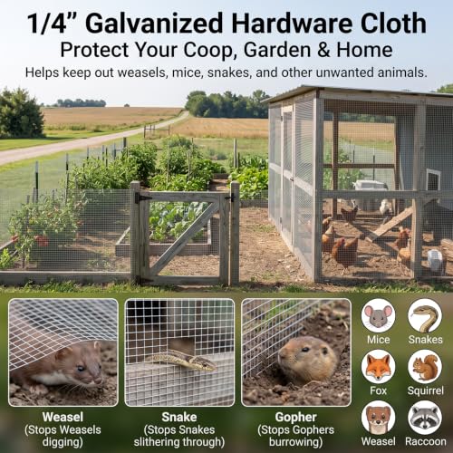 Hardware Cloth 1/4 Galvanized Wire Mesh Roll 4'' x 10' (23 GA), Chicken Wire Fence for Pens, Coops, Rabbit/Snake Fences, Supports Poultry Netting Cage Fence - size: 1/4" 23ga 4in x 10ft