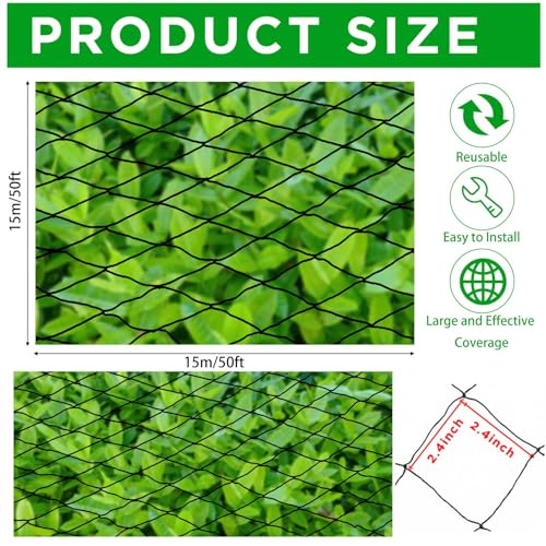 Windyun 1 Pcs Bird Netting 50' X 50', 2.4" Mesh Poultry Net for Garden | Heavy Duty Reusable Poultry Barrier for Fruit Tree, Vineyard, Chicken Coop Protection Against Deer, Hawk, Squirrel - size: 50' X 50'