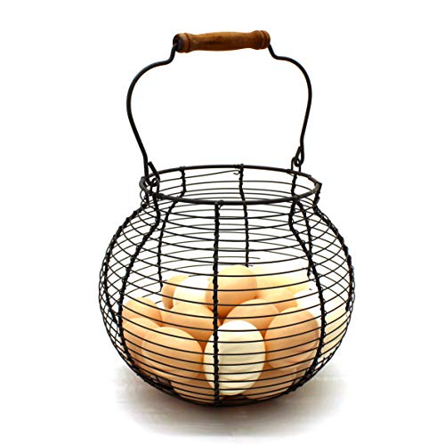Antique Wire Egg Basket with Wood Handle Primitives Vintage Gathering Basket. Rusty - size: 8-1/4" Dia. x 7-1/4" H - Rusty