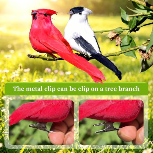 Artificial Red Cardinal Birds with Nest & Eggs - Real Feathers Clip On Mini Bird Figurines Realistic Ornaments for Christmas Tree Easter Wreath Garden Home Decor Crafts Gifts for Bird Lovers
