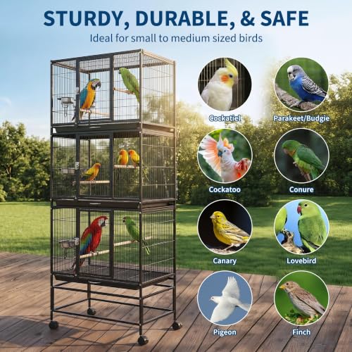 TrailBlaze Heavy Duty Carbon Steel Bird Cage - 74 Inch Stackable Aviary with 3 Dividable Compartments, Removable Trays, Spacious Flight Enclosure for Parakeets, Cockatiels, Conures, Finches - Silver - color: Black