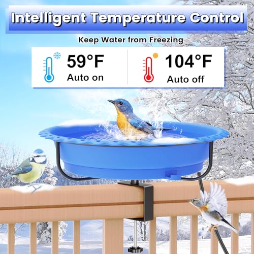 Heated Bird Bath for Outdoors,Deck Railing Heated BirdBaths,Blue | Upgraded 100W,Thermostatically Controlled,Adjustable Clamp 3.2",Easy Clean/Install,Detachable Bowl,Garden Yard Patio Lawn - color: Blue