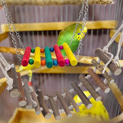 PINVNBY Bird Parakeet Toys, Bird Rope Ladder Swing Hammock Toys, Made of Natural Wood and Rope, Parakeet Cage Accessories for Parrot Budgie Conure Cockatiel (2 PCS) - color: Brown