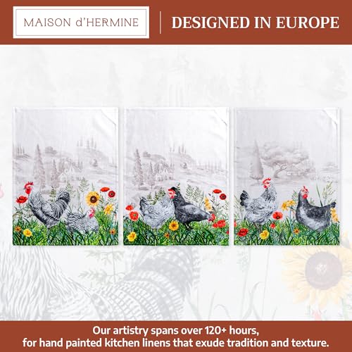 Maison d' Hermine Kitchen Towels Set of 3 Reusable 100% Cotton 27.50" x 20" | Cloth Tea Dish Towels Absorbent with Hanging Loop for Kitchen Dining Party Wedding Hotel Home Spring Summer - Basse Cour - color: 026 - Basse Cour