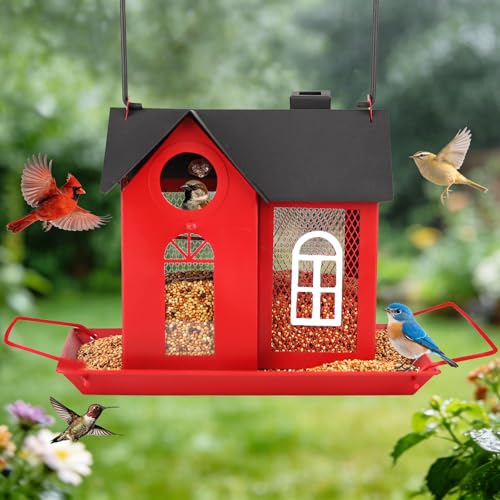 Solar Bird Feeder for Outdoors - Red Metal Hanging Bird Feeder with Solar Light, Decorative for Wild Cardinals, Finches, Weatherproof Backyard Garden Decor Ideal Gift for Women Mom Grandma - color: Red