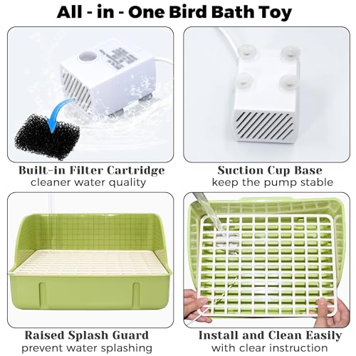 Automatic Parakeet Bird Bath with Pump, Large Bird Shower Fountain | Indoor Bathtub with Running Water, Parrot Bath Tub Faucet for Pet Birds, Cockatiel, African Grey, Budgie, Conure, Lovebird - color: Green
