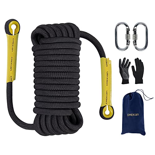 Indoor Outdoor Climbing Rope, 10/12/14mm (32FT/49FT/65FT/98FT) Static Rock Climbing Rope for Escape Rope, Ice Climbing Equipment, Fire Safety Rescue Rope, with Non Slip Gloves - color: Black, size: 10mm/49ft