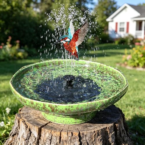 11.6" Solar Ceramic Bird Bath Fountain,Birdbaths for Outside | Solar Fountains for Bird Bath,Weather-Resistant Vintage BirdBaths Decorfor Garden Patio Yard Deck Lawn (Green) - color: Green