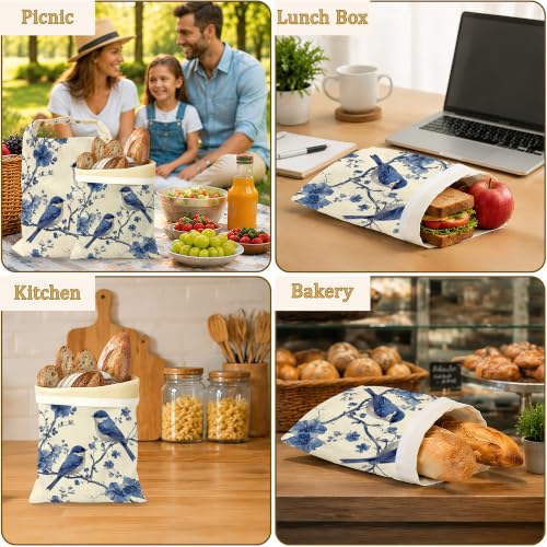 2 Pack Reusable Beeswax Blue Birds Bread Bags, Sourdough Bread Floral Branches Storage for Homemade, Freezer Storage Bag to Keep Fresh, Baguette Bag with Beeswax Liner Kitchen Baking - color: Blue Birds