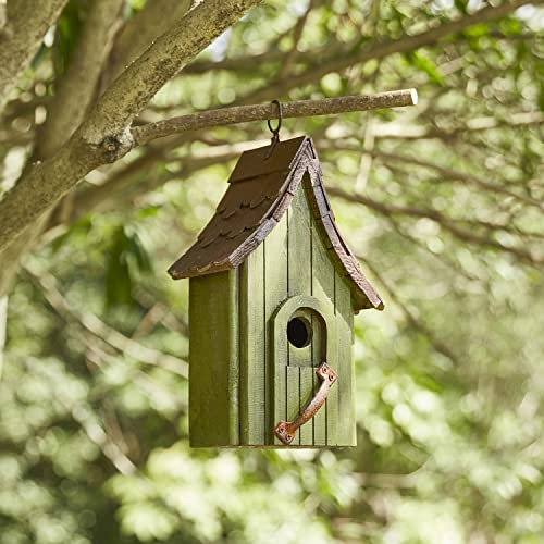 Glitzhome Birdhouses for Outdoors, Hand Painted Garden Hanging Wooden Bird House with Single Roof for Outside, Country Cottages for Bluebird Swallow Sparrow Hummingbird Finch Cardinals Cedar, Green - color: 11.75"H Distressed