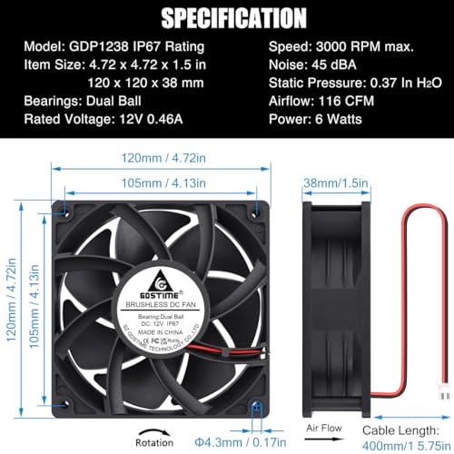 GDSTIME 120mm x 38mm 12V DC Waterproof IP67 Fan High CFM Dual Ball 2Pin | for RV Fridge, Power Station, DIY Cooling Ventilation Exhaust Projects - size: 120x38mm