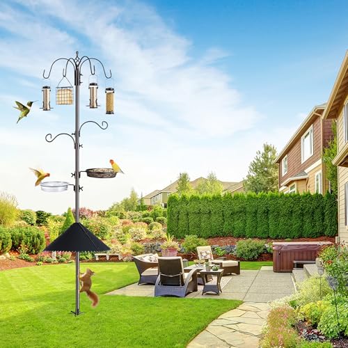 94-Inch Bird Feeding Station Kit, 6-Hook Pole with Squirrel Baffle | Bird Bath Bowl, Mesh Seed Tray, Freestanding 5-Prong Base, Removable Parts, Easy Assembly, for Patio, Lawn and Garden - size: 94 Inches with Squirrel Baffle