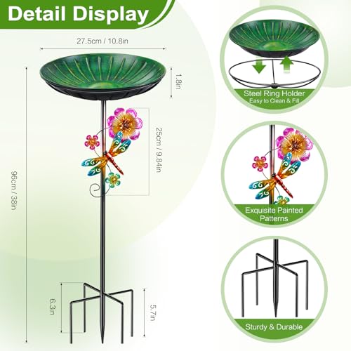 Metal Bird Bath for Outside, Removable Birdbath Feeder Bowl for Outdoors, Freestanding Bird Baths with Upgraded 5-Pronged Base for Garden Patio Yard Lawn Decor (Vintage Green) - color: Upgraded Green