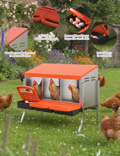GarveeLife Chicken Nesting Box 3 Hole, Galvanized Steel Nest with Roll Away Egg Collection & Swing Perch, Easy-Clean Laying Box for Hens, Heavy Duty Design for Chicken Coop - color: Orange, size: 3 holes with legs