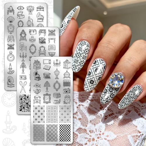 PH PandaHall 3pcs Vintage Furniture Nail Stamping Plates Clocks Gramophone Nail Art Templates Lighting Cameras Nails Image Stamp Floral Patterns Nails Art Stencils for Women DIY Manicures Salon - style: Vintage Furniture