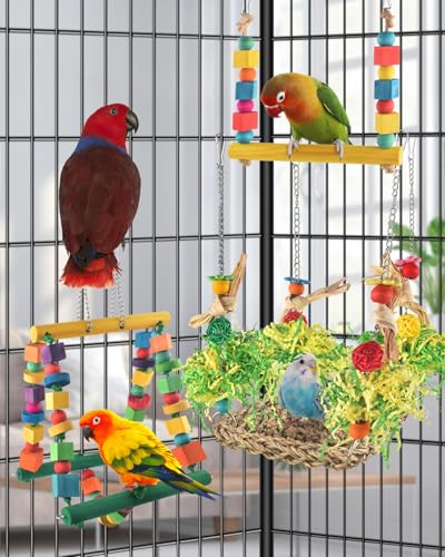DBNESS Bird Hammock Toys Parakeet Perches Swing, 3in1 Detachable Parrot Cage Accessories, Wooden Hanging Chew Toys for Medium Conure Cockatiel Quaker Lory