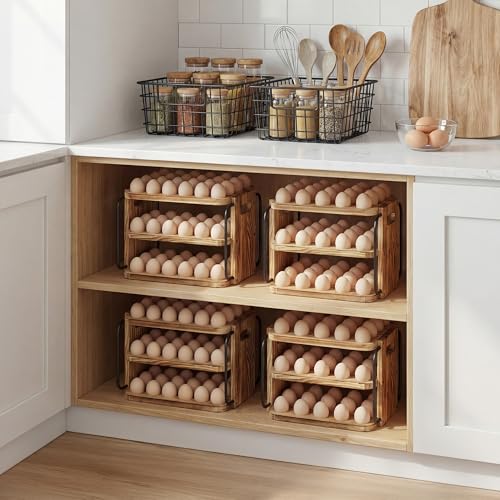 Wooden Egg Holder Countertop for Fresh Eggs with Handle | 3 layer, fresh egg holder countertop, stackable with 90 eggs for countertop to store chicken/duck/hand painted/easter egg - color: Pine
