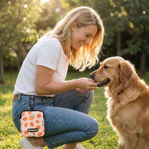 Dog Treat Pouch with Training Clicker,Waterproof Nylon Fabric Poop Bag Holders for Leashes,Hands Free Small Dog Walking Bag with Carabiner, Pet Puppy Training Walking Essentials(Grapefruit) - color: Grapefruit